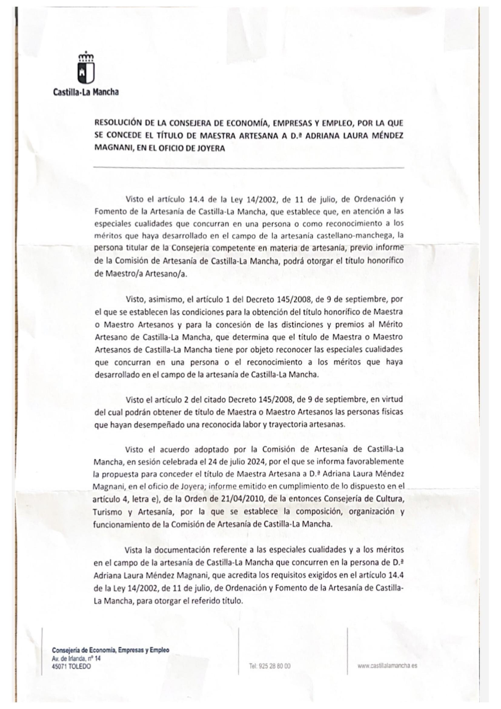Resolución oficial del título de Maestra Artesana a Adriana Laura Méndez, Castilla-La Mancha